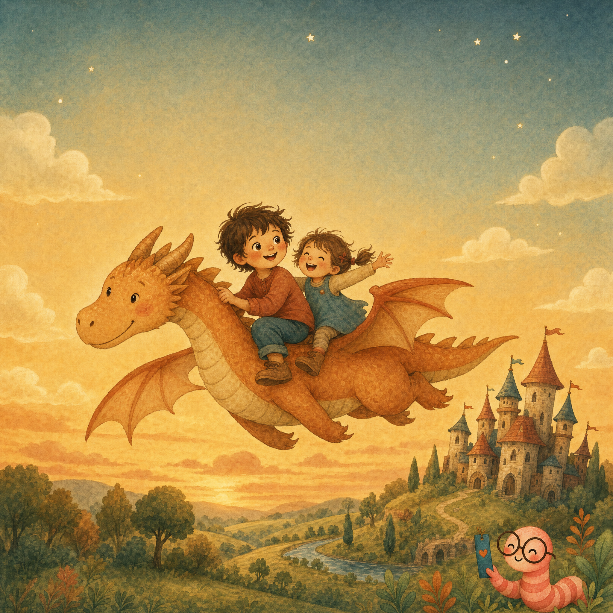 Book cover: a smiling orange dragon glides through a golden sunset sky with a curly-haired boy in a rust red shirt and his little sister in a pink tutu riding on his back, a turreted castle and winding river below.