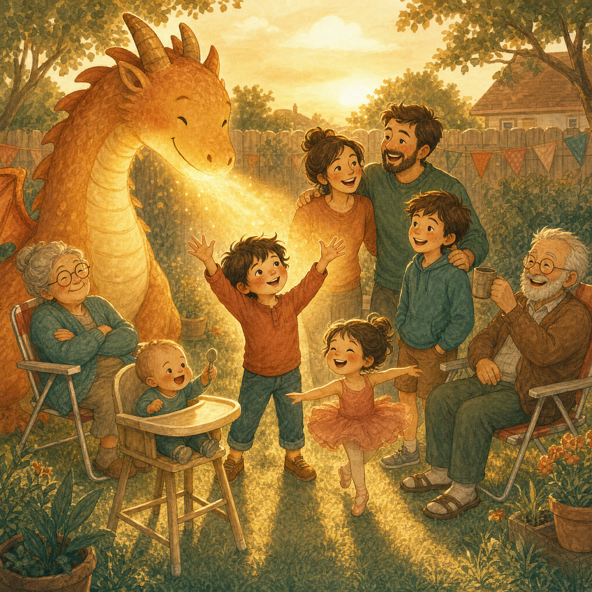The dragon flying home over rooftops at sunset with the children