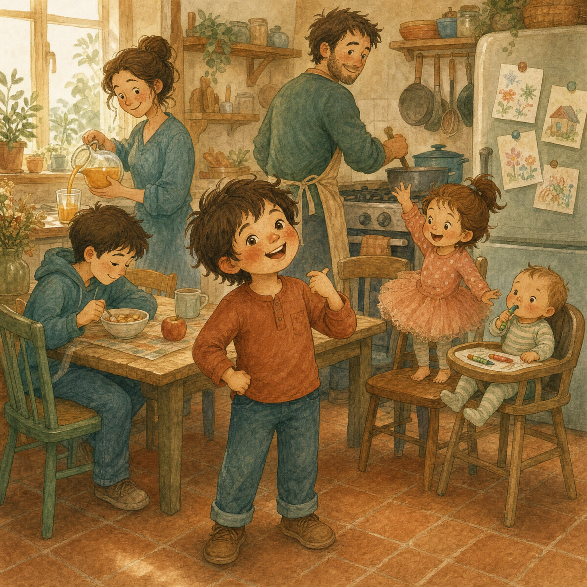 A busy family kitchen with terracotta tiles: Finn stands in the middle in a rust red shirt, his mom pours juice, his dad cooks at the stove, his older brother eats cereal at the table, his sister in a pink tutu twirls, and the baby squishes crayons in a high chair.