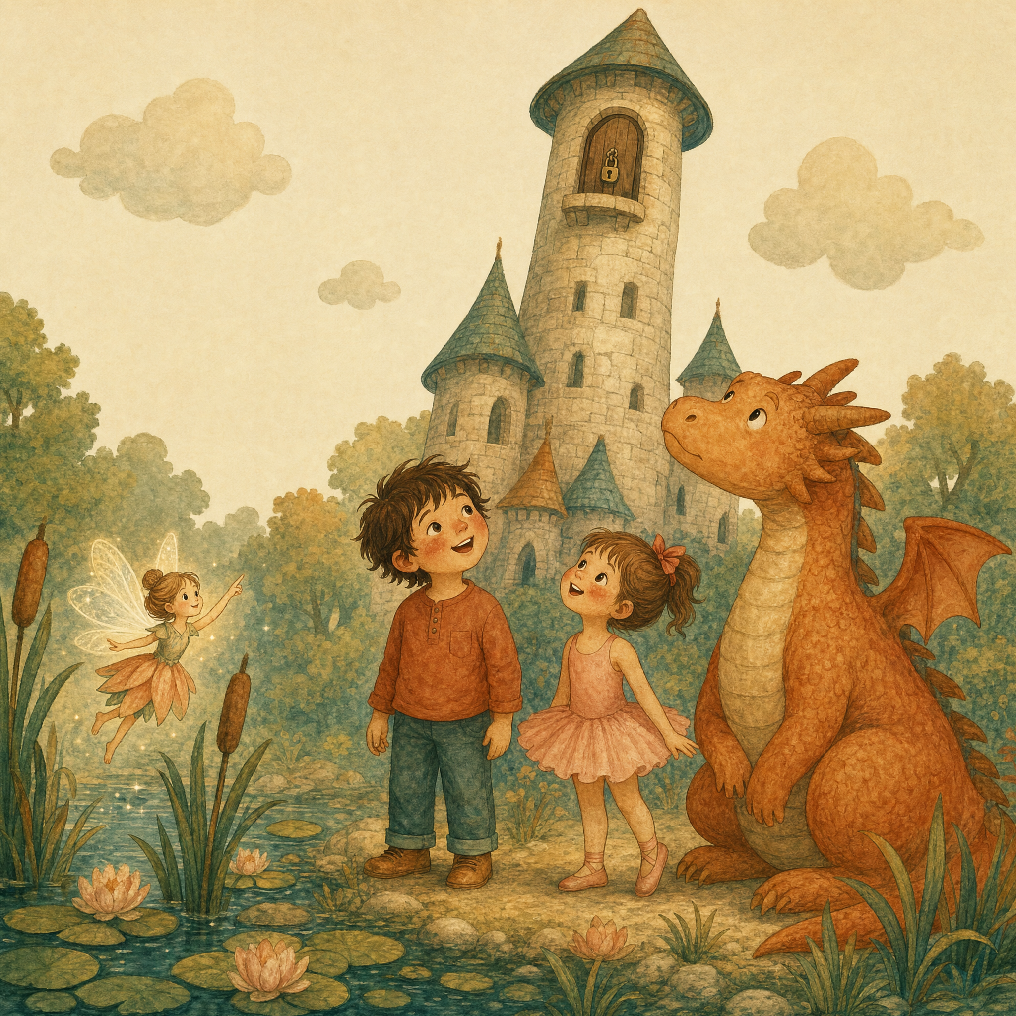 The dragon and children on an adventure through a storybook landscape