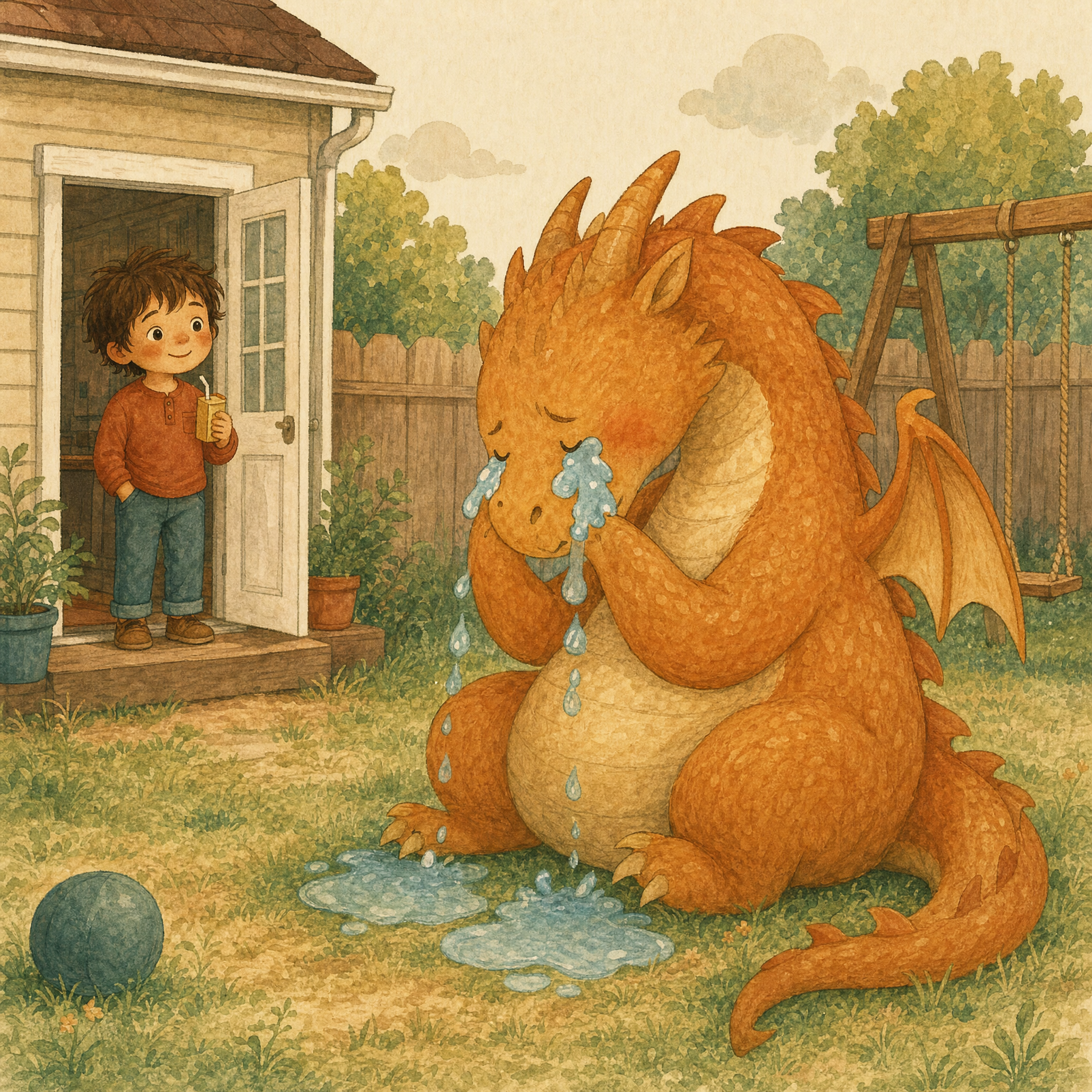 A boy and a small orange dragon meeting in a warm sunlit field