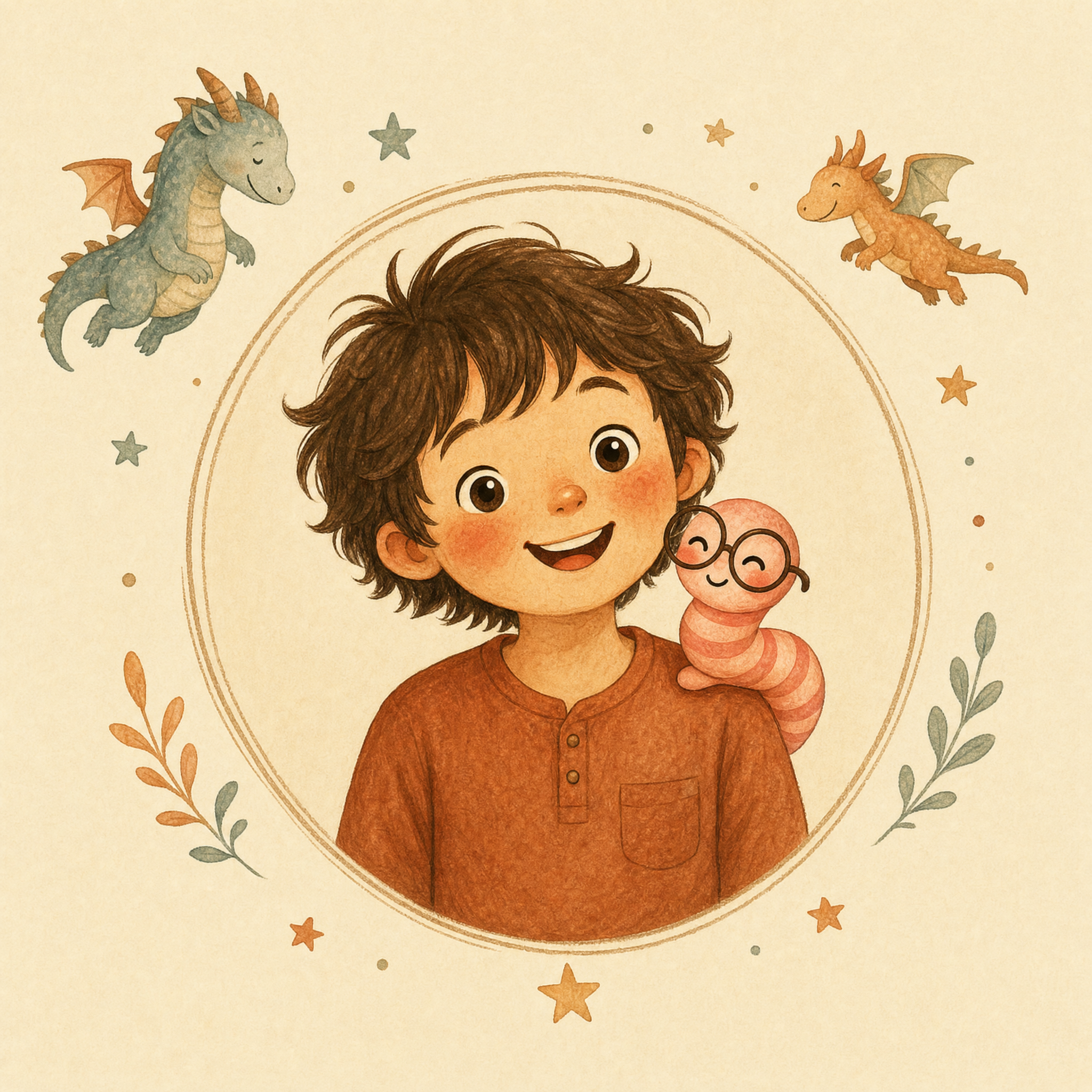 A young boy smiling with Pip, a small bookworm wearing glasses, perched on his shoulder